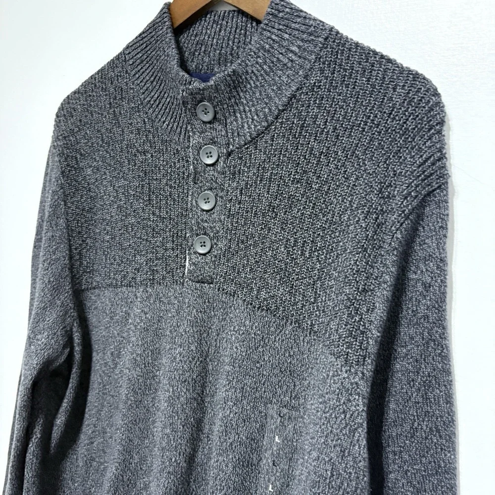 Club Room Sweater Mens L Gray Button Neck Cotton Knit Lightweight Pullover New